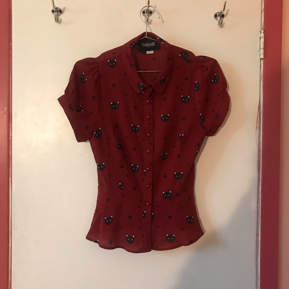 Collectif Red Cat Print Women's Top